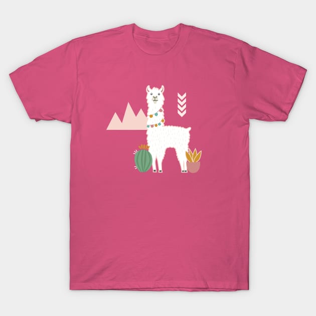 Llamas + Cacti on Pink T-Shirt by latheandquill